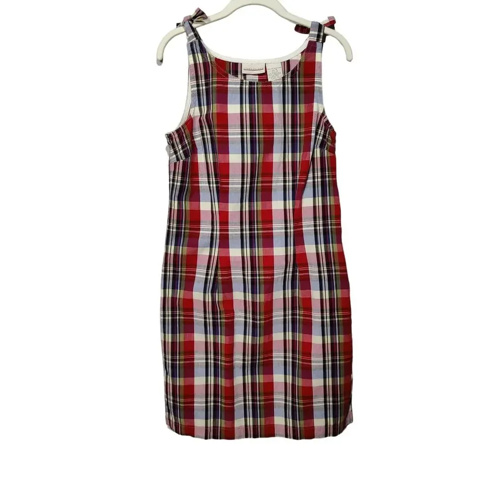 Vintage 90s Expression Sz 8 Red Plaid Shift Jumper Dress Sleeveless Tie Shoulder - Picture 2 of 7